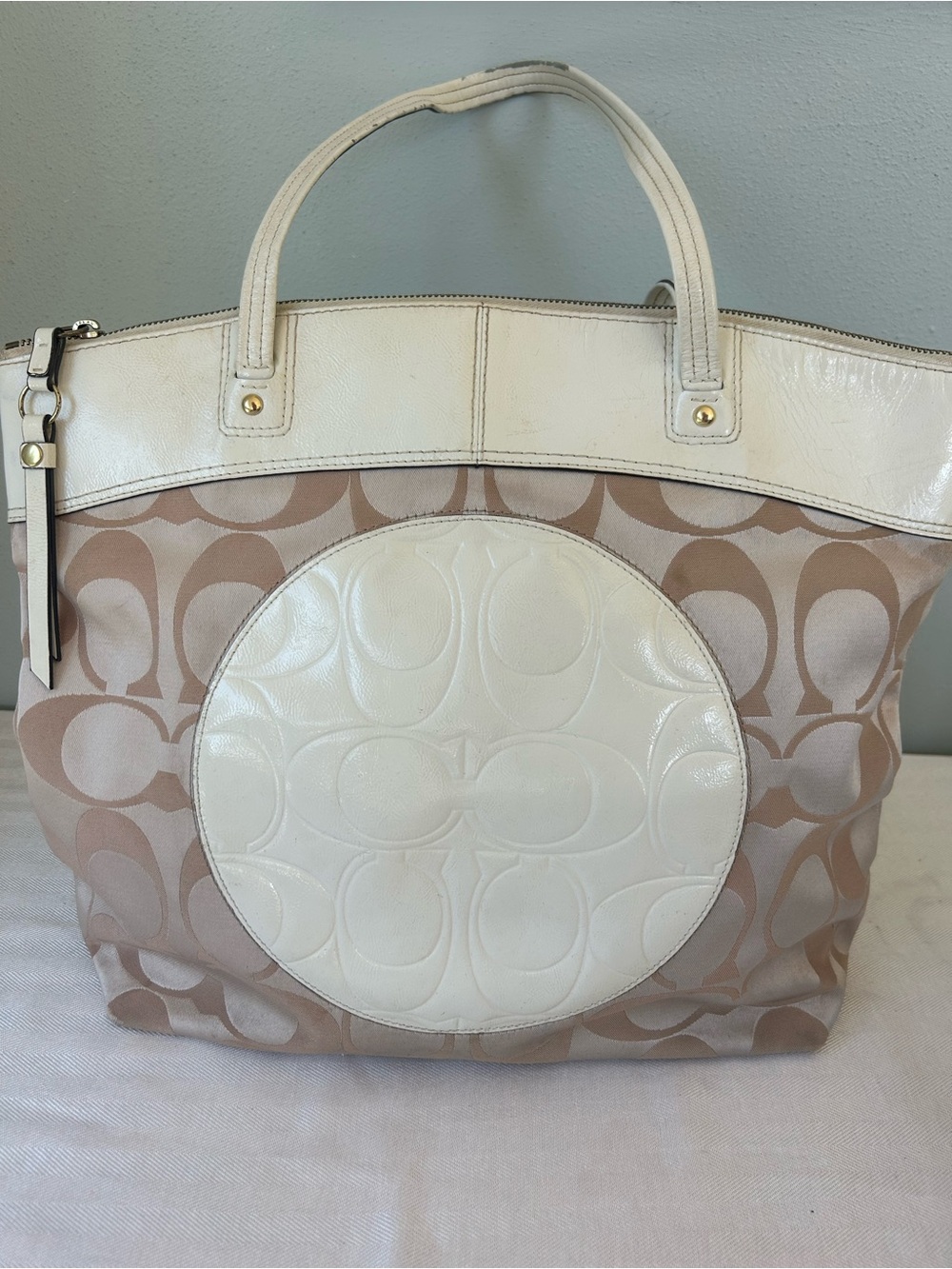 Coach Cream and Light Pink Signature Tote
